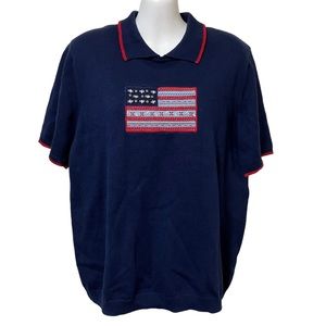 Vintage 90's Embellished American Flag Patch Short Sleeve Navy Collared Sweater